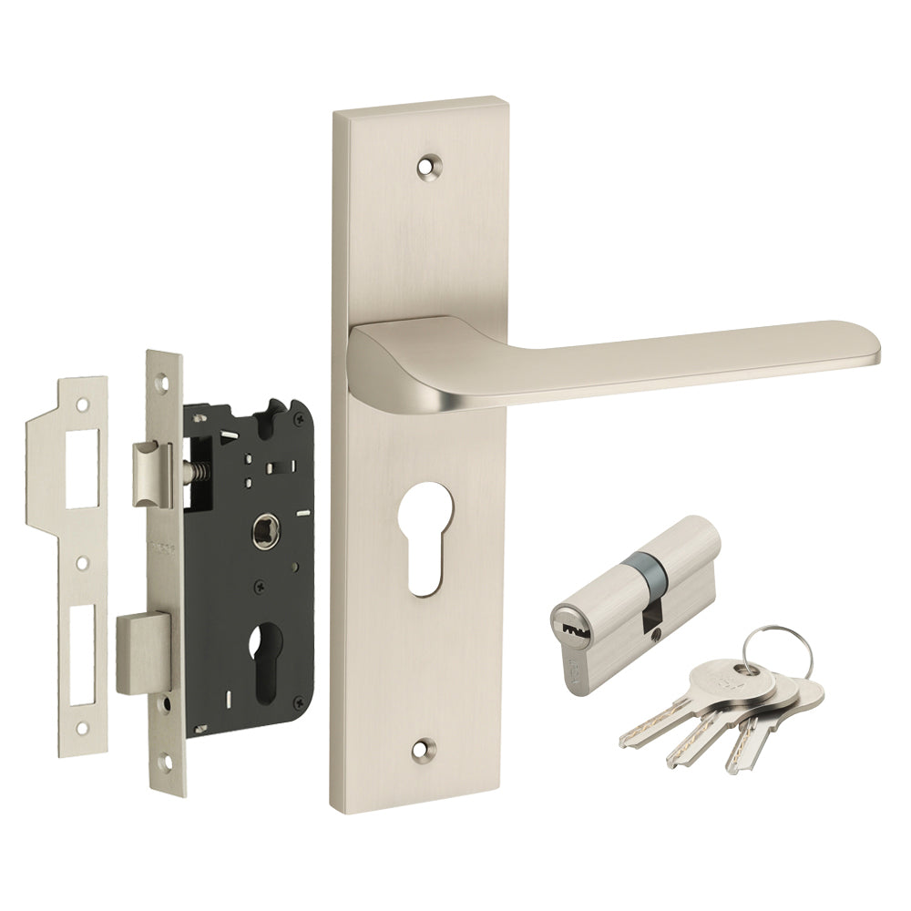 IPSA Chilli Moderna Handle Series on 8" Plate CYS Lockset with 60mm Both Side Key - Matte Satin Nickel Finish MSS